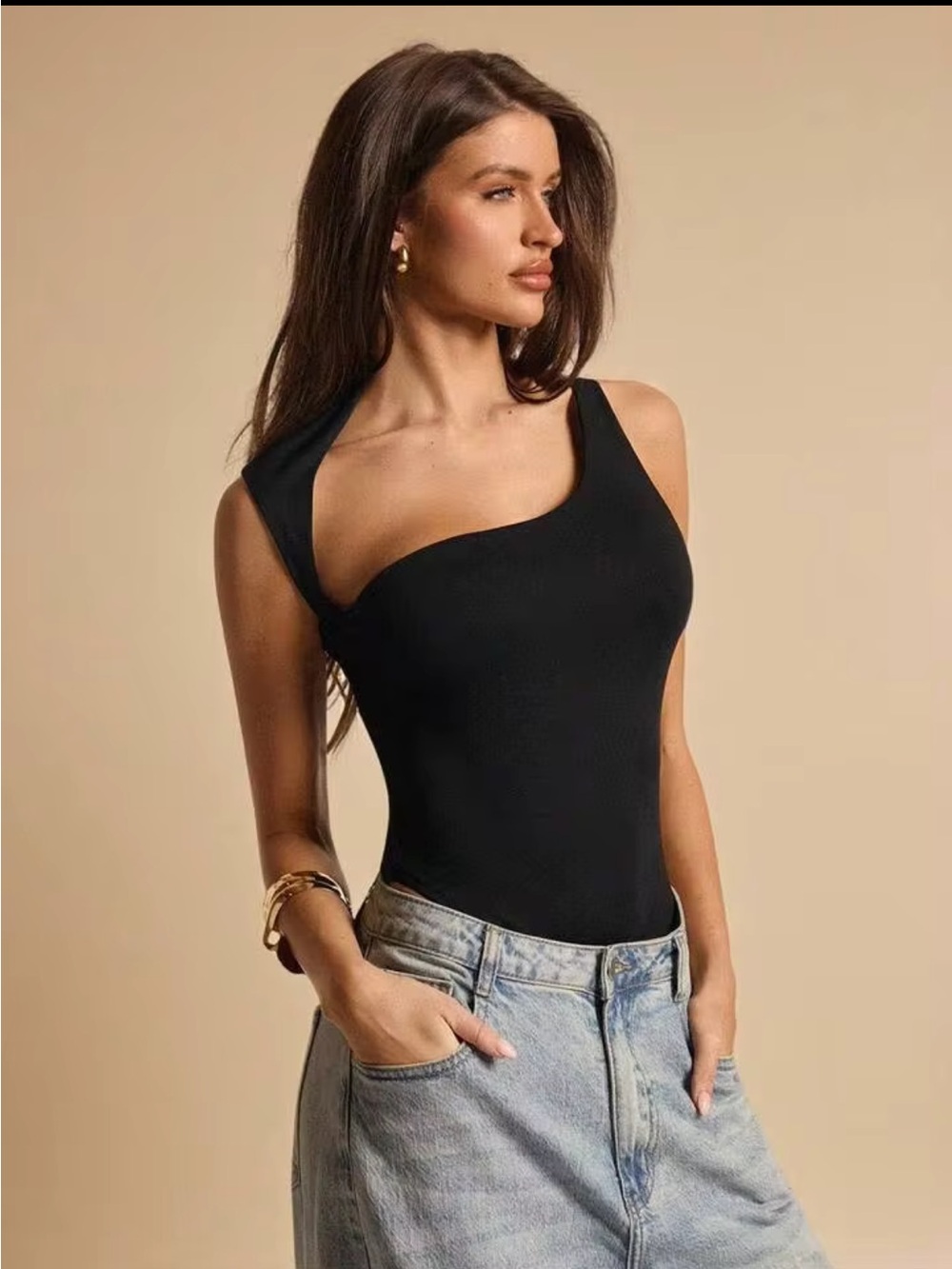 Asymmetric One-Shoulder Black Women's Top